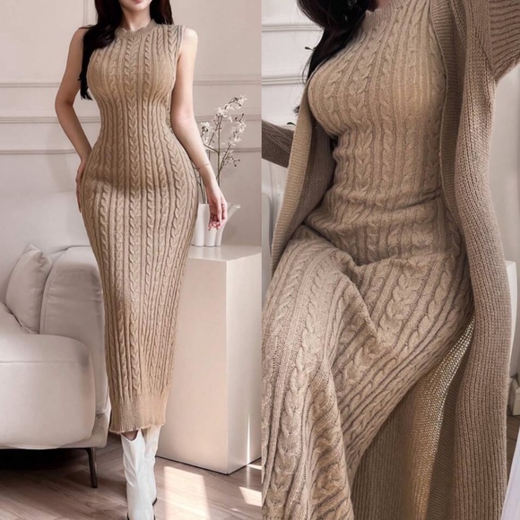 Luxe Chunky Cable Knit Sleeveless Dress Cardigan Set - Picture 2 of 3